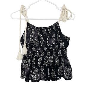 🎄Moon River Peplum Boho Tassel Rope Tied Tank Top Navy Blue & White XS